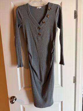 Ribbed V-Neck Long Sleeve Grey Midi Dress with Button Detail